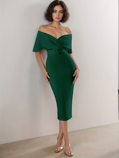 Off shoulder foldover belted bandage dress in green