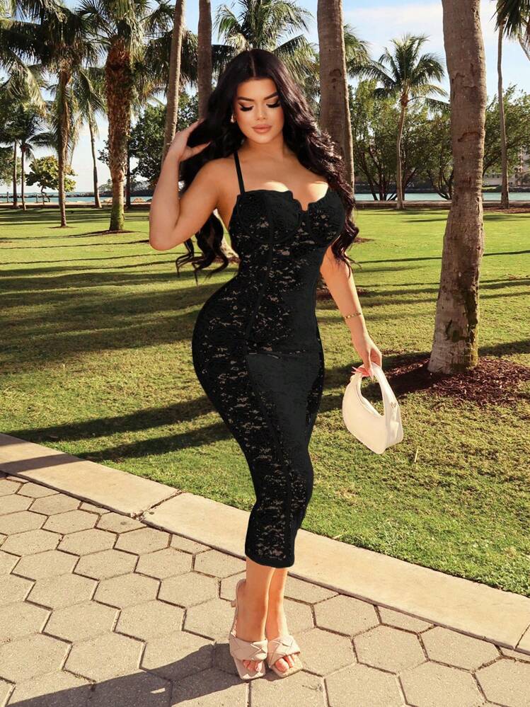 Lace corset bodycon dress in black