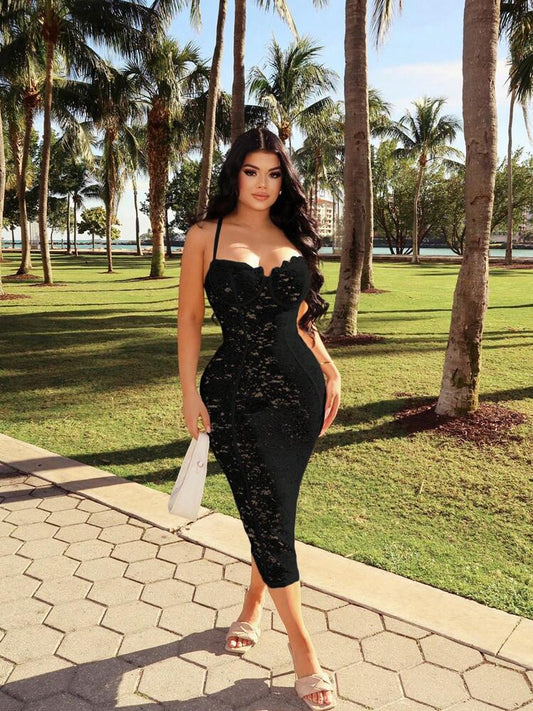 Lace corset bodycon dress in black