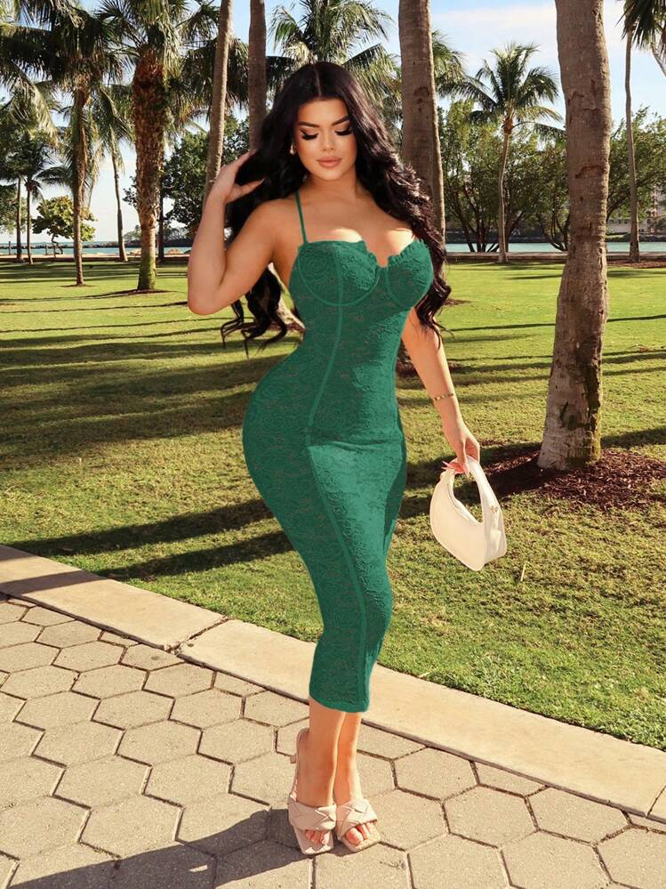 Lace corset bodycon dress in green