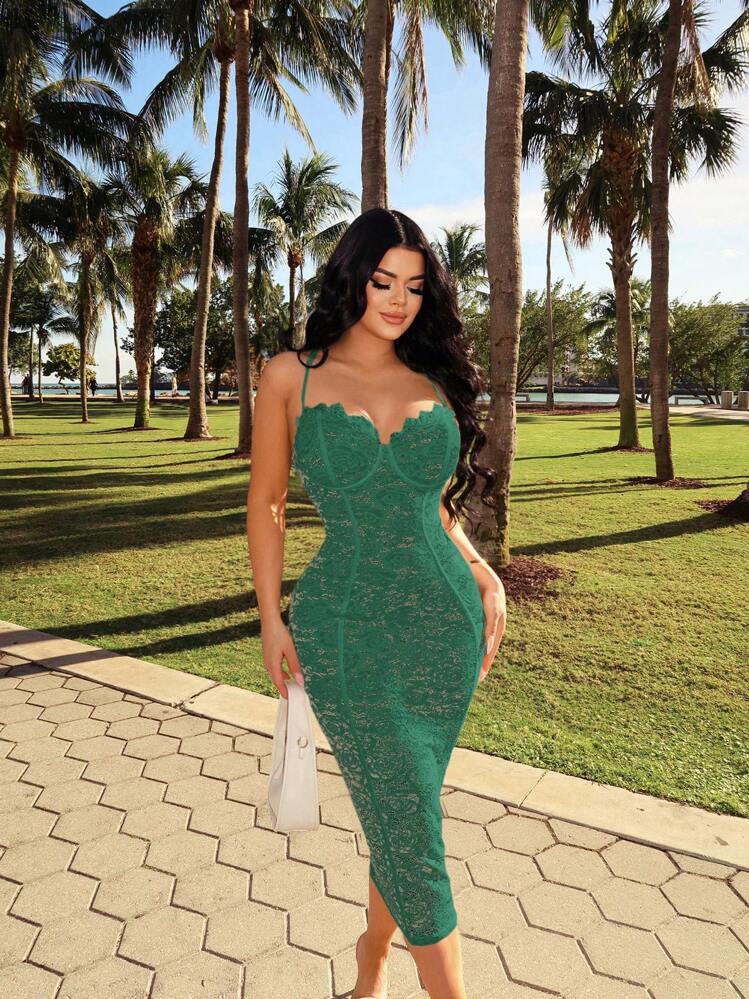 Lace corset bodycon dress in green