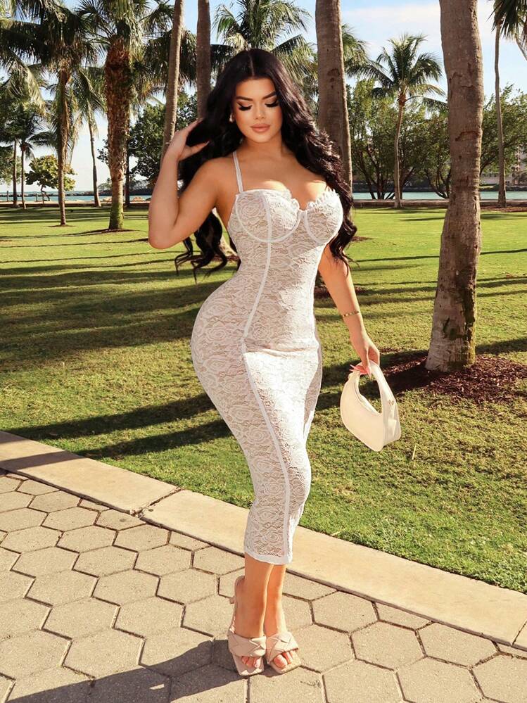 Lace corset bodycon dress in white