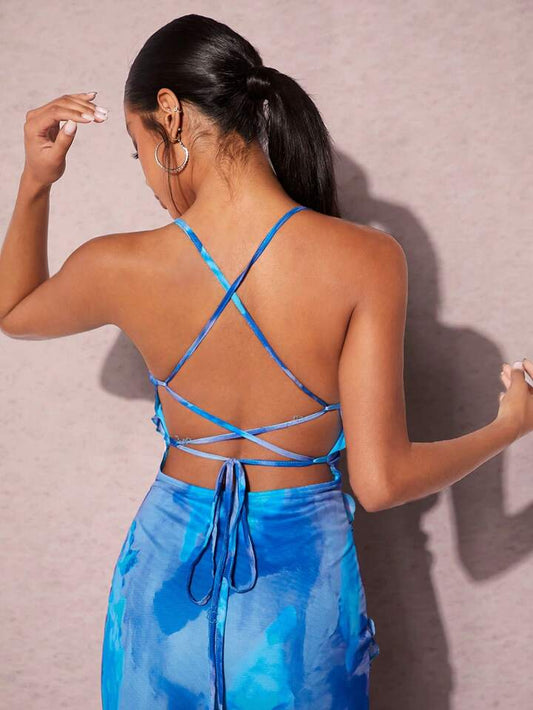 Lace up backless layered ruffle cami dress in blue