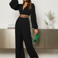 Lantern Sleeve Wrap Knot Back Crop top & Wide Leg trousers in black