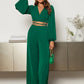 Lantern Sleeve Wrap Knot Back Crop top & Wide Leg trousers in green