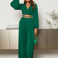 Lantern Sleeve Wrap Knot Back Crop top & Wide Leg trousers in green
