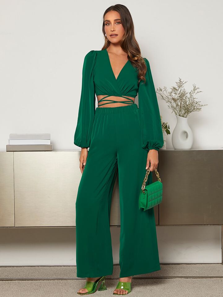 Lantern Sleeve Wrap Knot Back Crop top & Wide Leg trousers in green