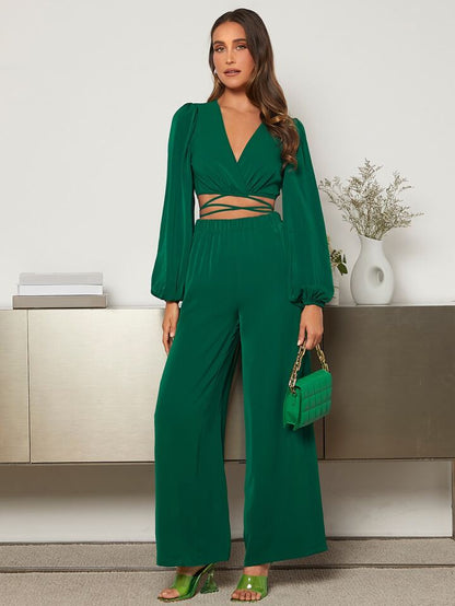 Lantern Sleeve Wrap Knot Back Crop top & Wide Leg trousers in green