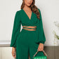 Lantern Sleeve Wrap Knot Back Crop top & Wide Leg trousers in green