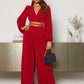 Lantern Sleeve Wrap Knot Back Crop top & Wide Leg trousers in red