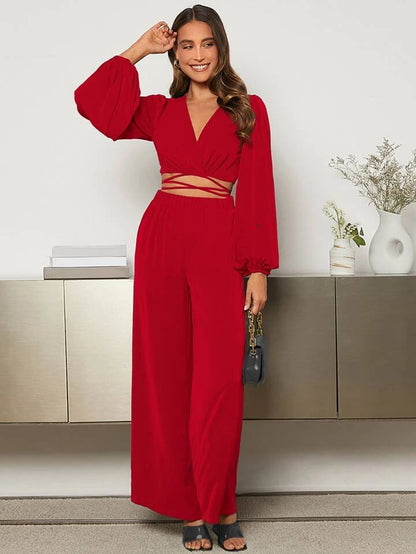 Lantern Sleeve Wrap Knot Back Crop top & Wide Leg trousers in red