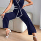 Lapel collar contrast binding jumpsuit in navy