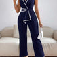 Lapel collar contrast binding jumpsuit in navy