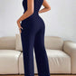 Lapel collar contrast binding jumpsuit in navy