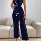 Lapel collar contrast binding jumpsuit in navy