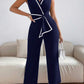 Lapel collar contrast binding jumpsuit in navy
