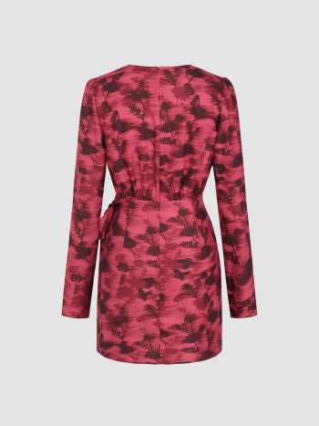 Leaf print v-neck wrap mini dress in wine