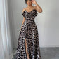 Leopard print v-neck ruffle hem waist tie split dress in multi