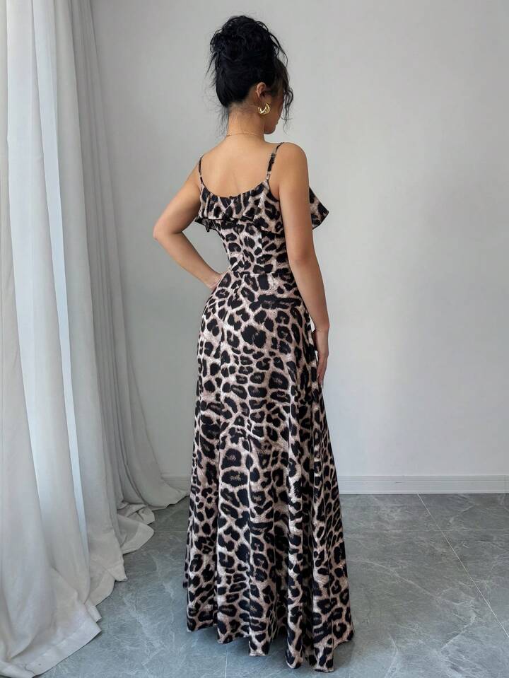 Leopard print v-neck ruffle hem waist tie split dress in multi