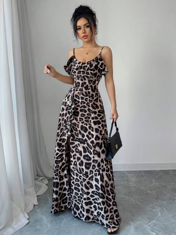 Leopard print v-neck ruffle hem waist tie split dress in multi