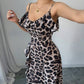 Leopard print v-neck ruffle hem waist tie split dress in multi