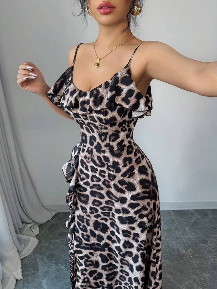 Leopard print v-neck ruffle hem waist tie split dress in multi