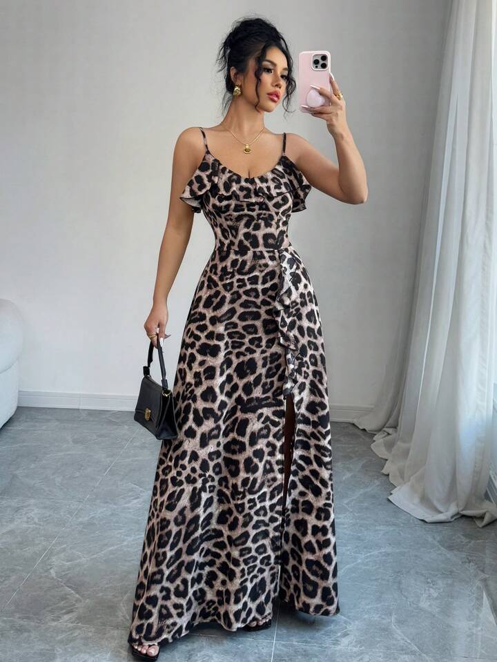 Leopard print v-neck ruffle hem waist tie split dress in multi
