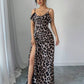 Leopard print v-neck ruffle hem waist tie split dress in multi
