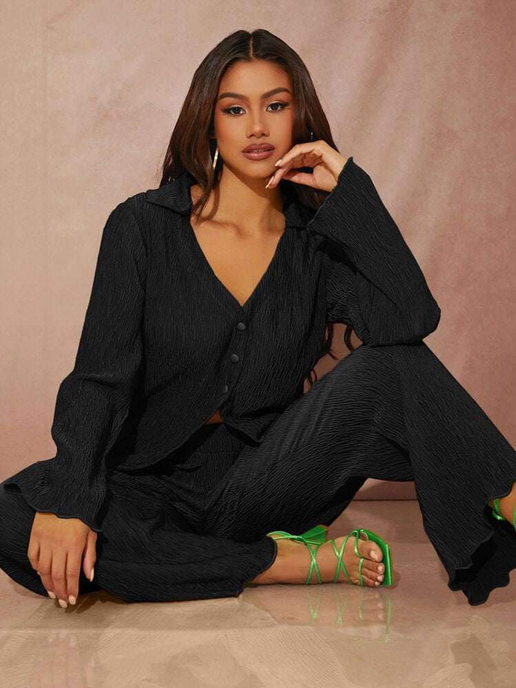 Lettuce trim button front top & pant in black