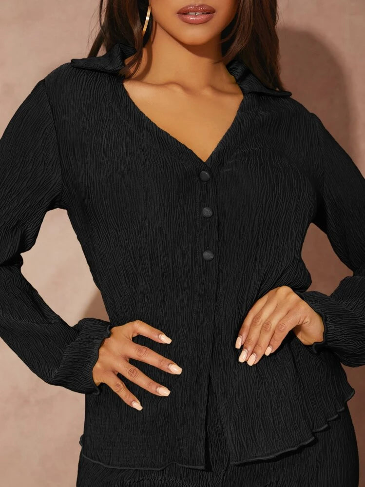 Lettuce trim button front top & pant in black