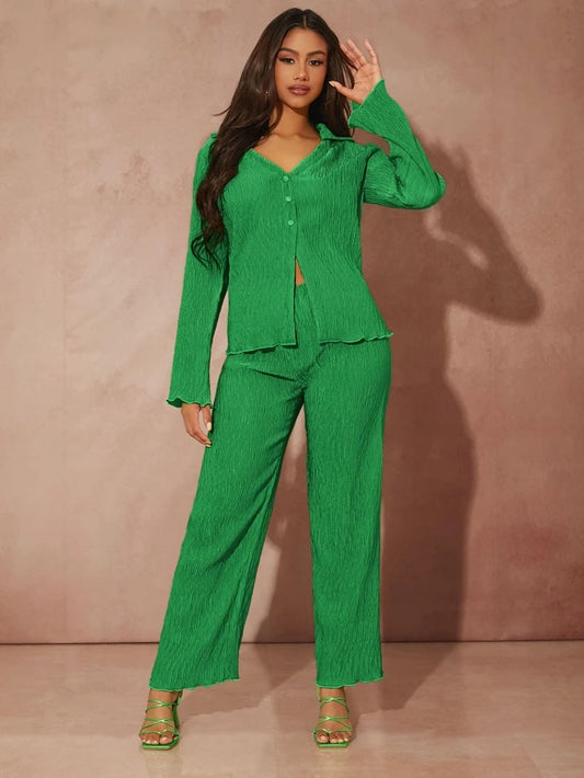 Lettuce trim long sleeve button front top