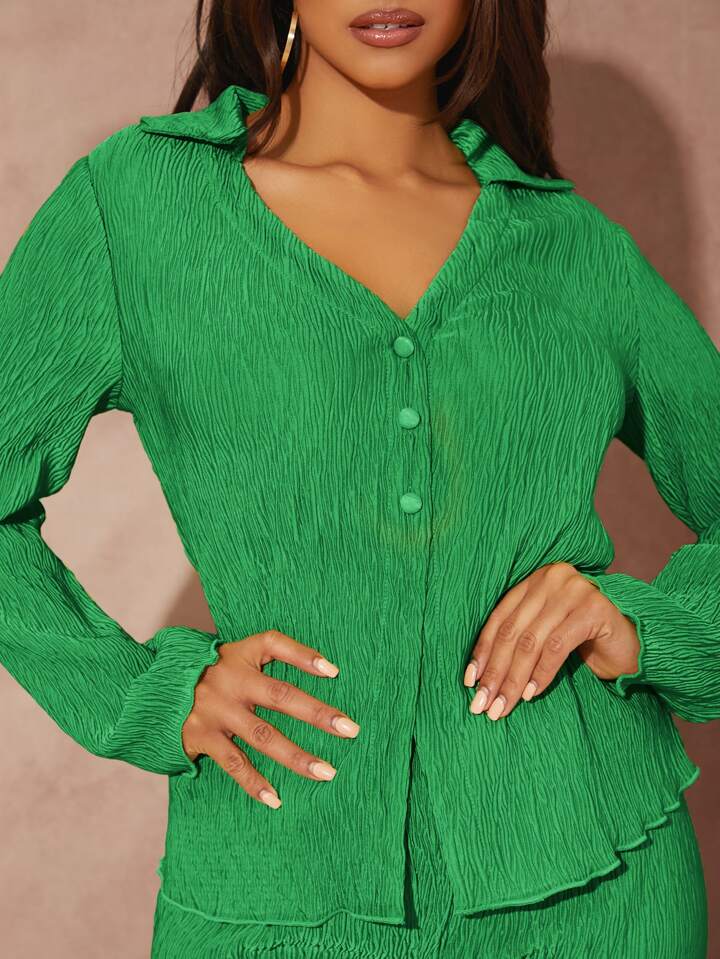 Lettuce trim long sleeve button front top
