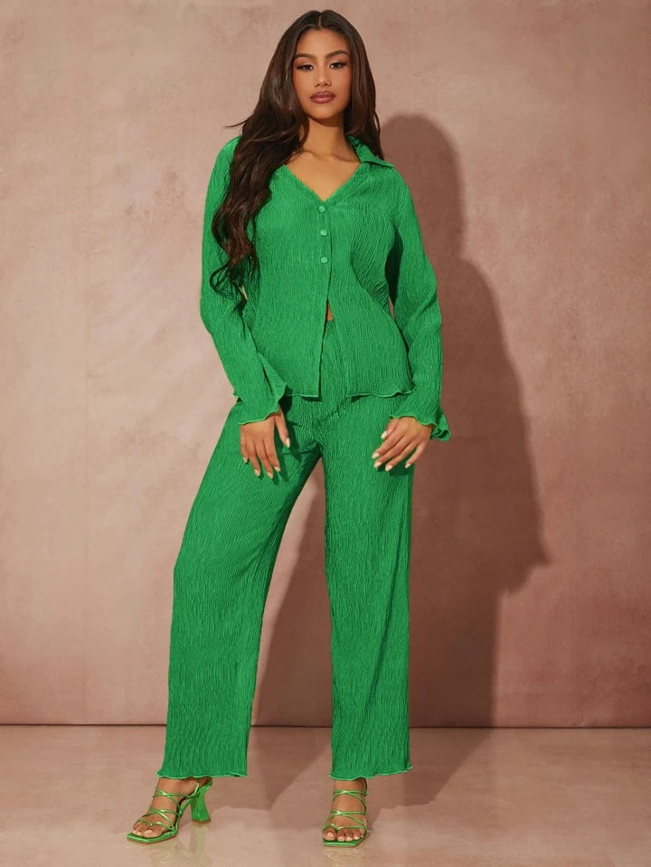 Lettuce trim long sleeve button front top