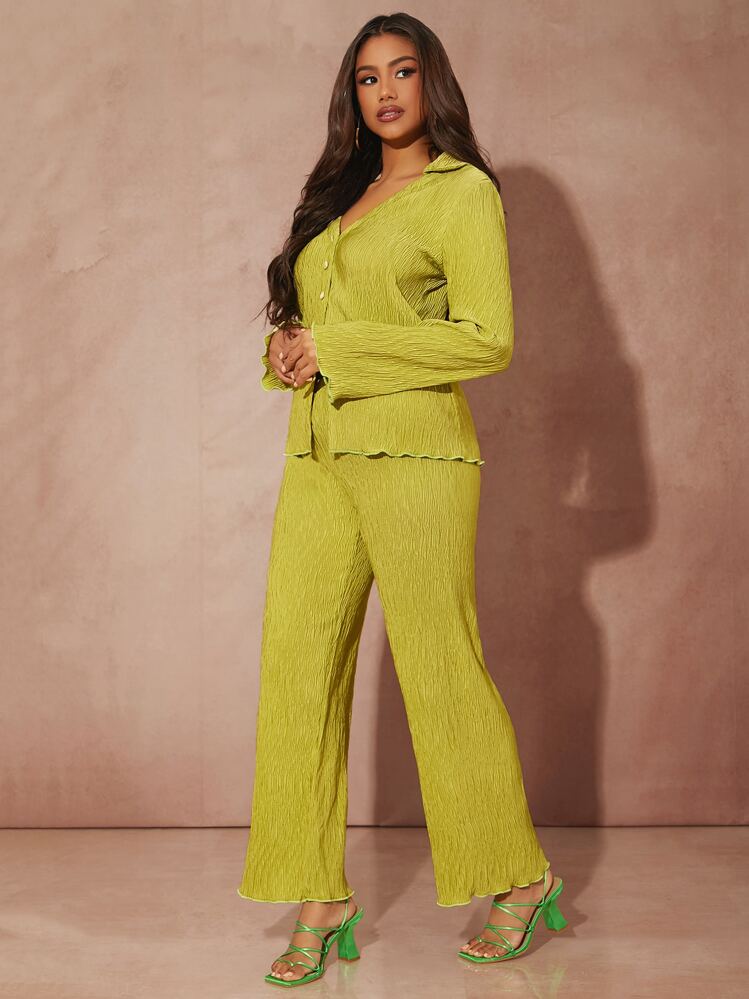 Lettuce trim button front top & pant in lime green