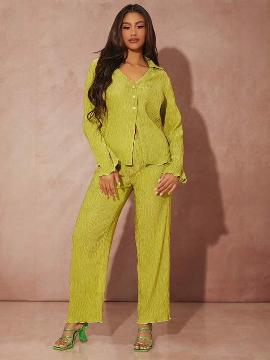 Lettuce trim button front top & pant in lime green