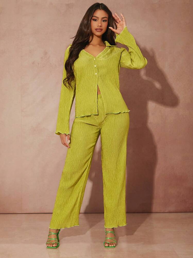 Lettuce trim button front top & pant in lime green