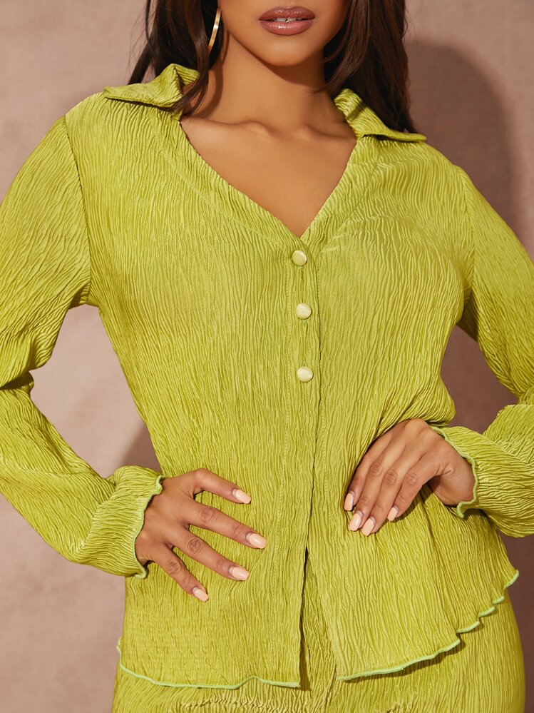 Lettuce trim button front top & pant in lime green