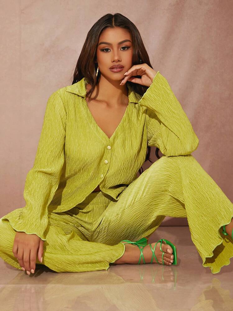 Lettuce trim button front top & pant in lime green