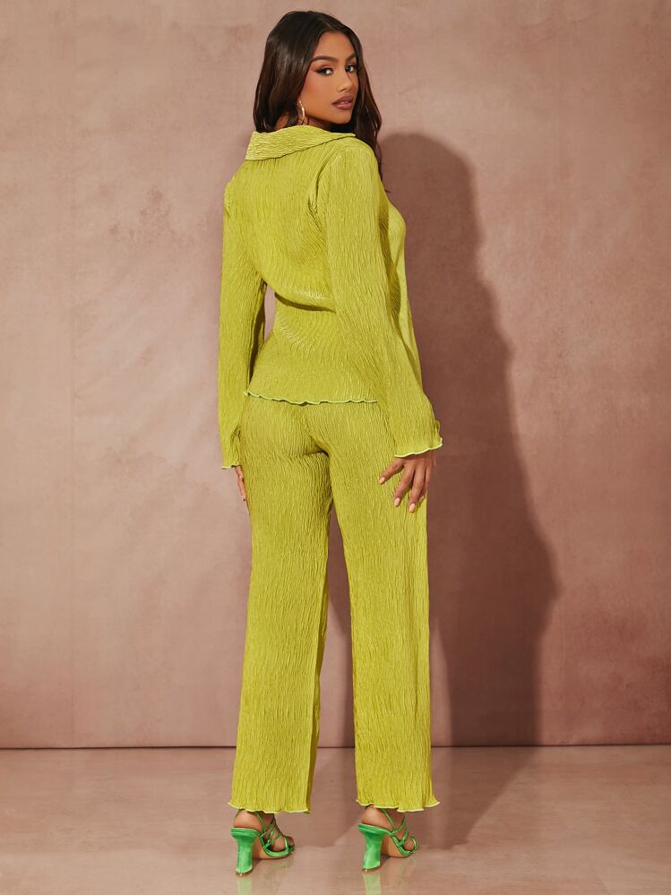 Lettuce trim button front top & pant in lime green