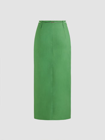 Linen-blend mid rise solid belted split maxi skirt in green