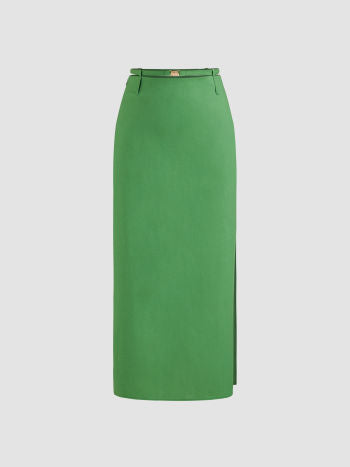 Linen-blend mid rise solid belted split maxi skirt in green