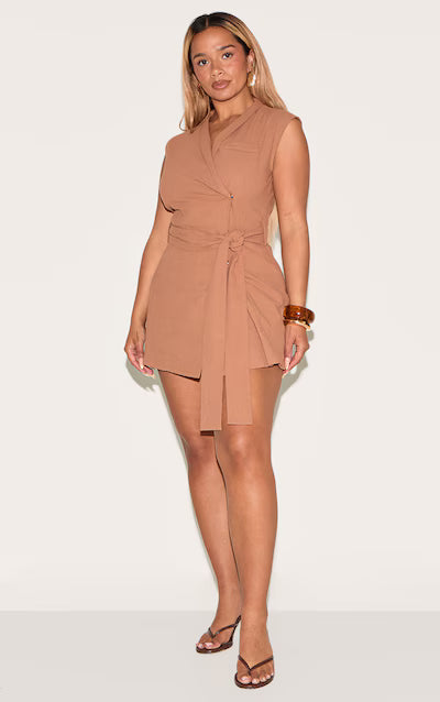 Linen look wrap front belted blazer in nude