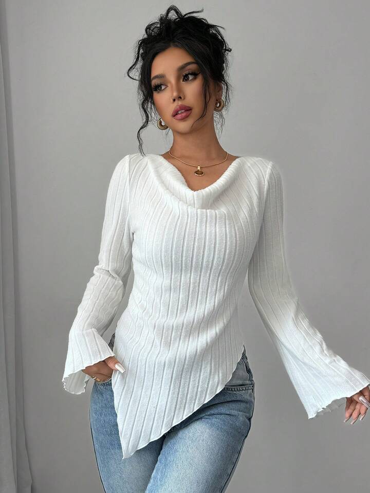 Long sleeve brushed ribbed t-shirt in white