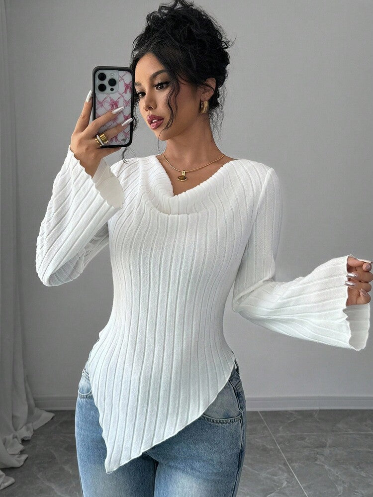 Long sleeve brushed ribbed t-shirt in white