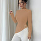 Long sleeve ribbed knit high neck top in khaki