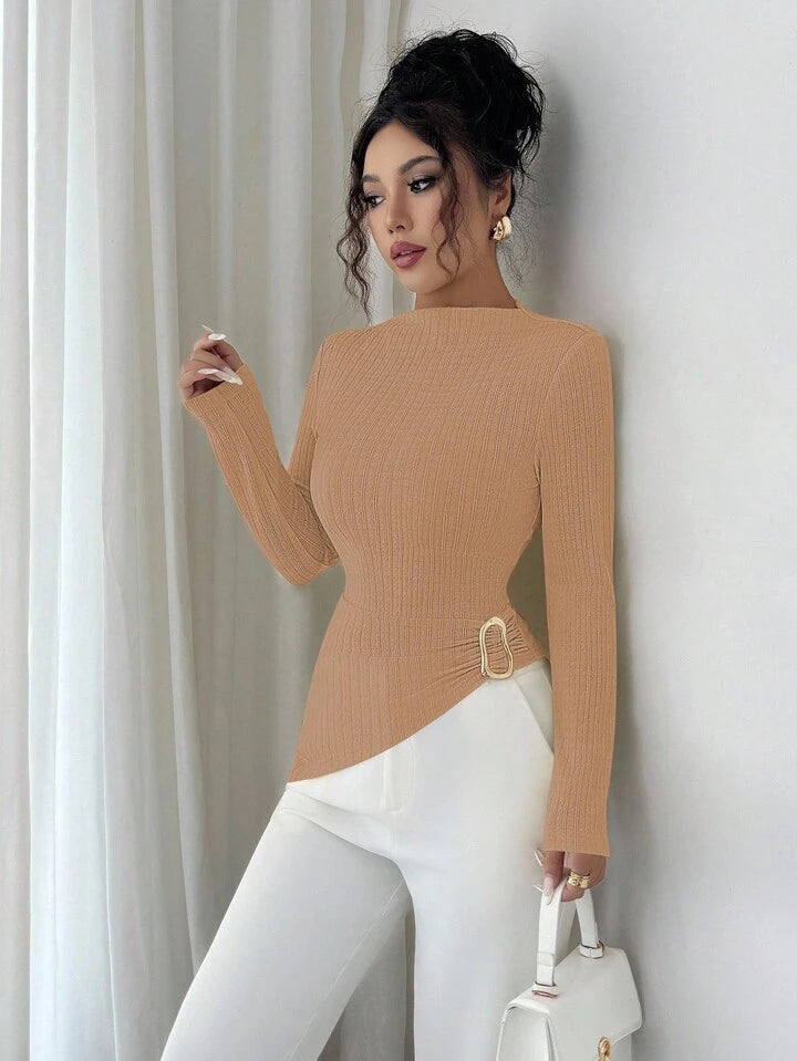 Long sleeve ribbed knit high neck top in khaki