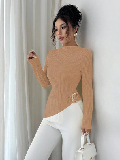Long sleeve ribbed knit high neck top in khaki