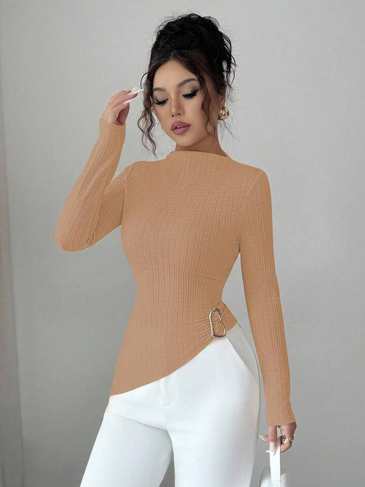 Long sleeve ribbed knit high neck top in khaki