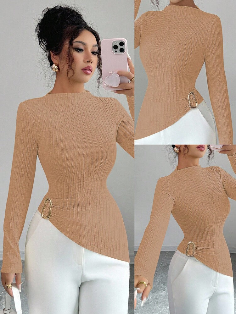 Long sleeve ribbed knit high neck top in khaki