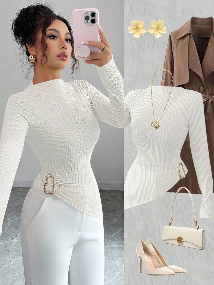 Long sleeve ribbed knit high neck top in cream